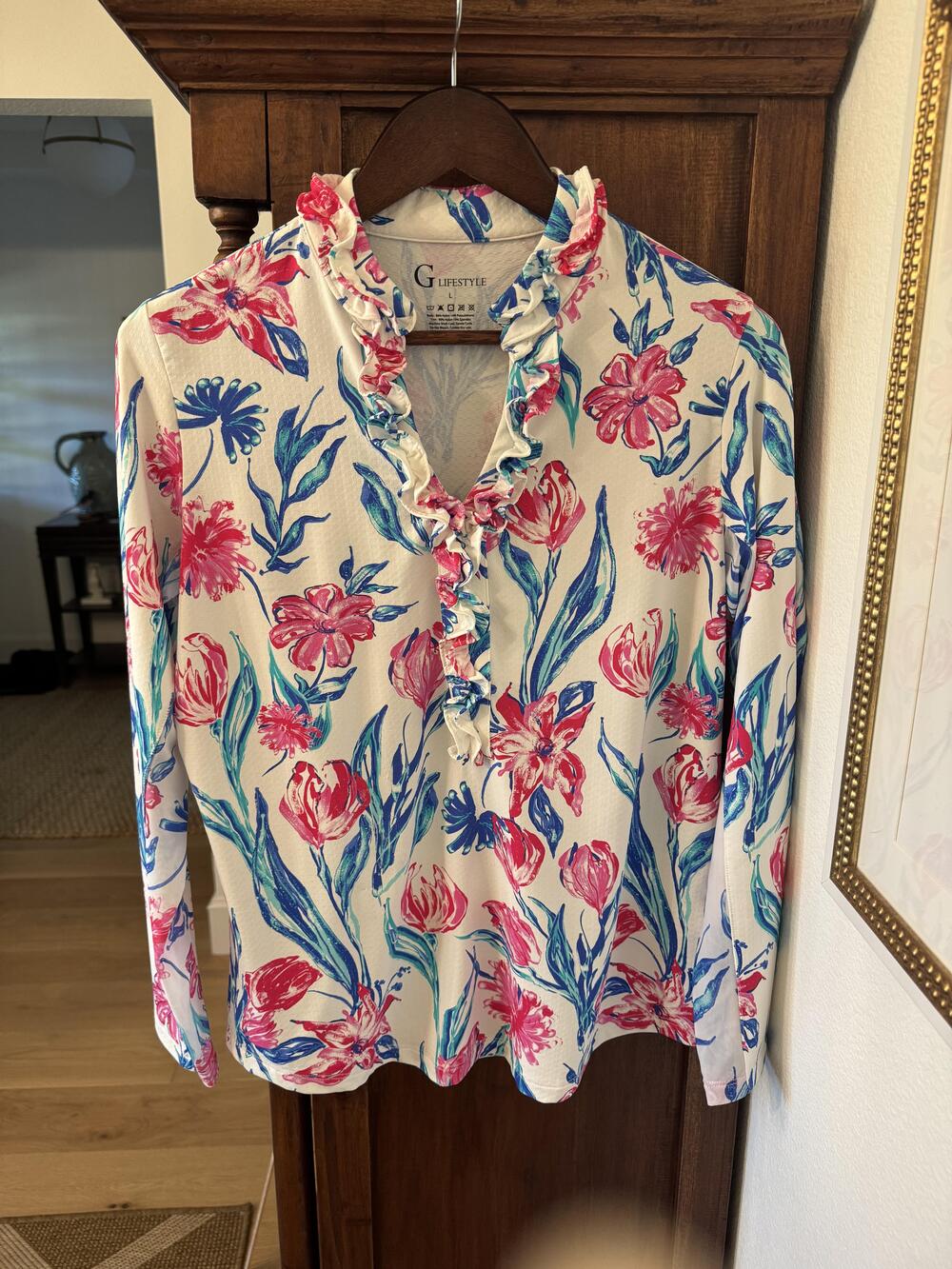 G Lifestyle Blouse Women's Large Floral Ruffle V Neck Jersey Top Sports Golf
